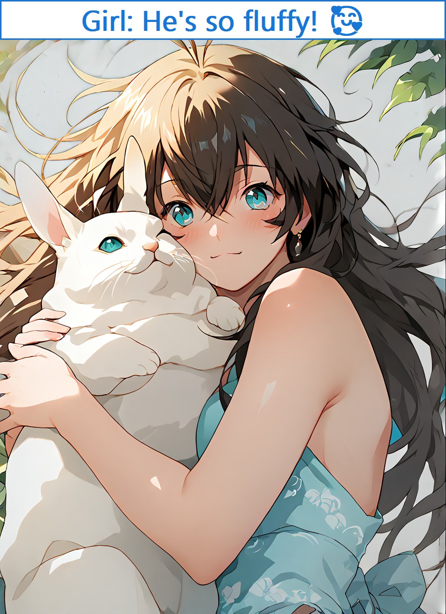 score_9_up, score_9, score_8_up, score_7_up, rating_explicit, source_anime, a lady hugging a rabbit, happy, p3tl0v3, Hakufu Sonsaku, Long, flowing black hair with loose, natural waves, Striking eyes (often depicted as green or blue), Fair, youthful skin, Revealing, low-cut battle attire with traditional motifs, Minimal clothing style emphasizing her energetic nature, Dynamic and spirited presence, Bold design with minimal accessories,