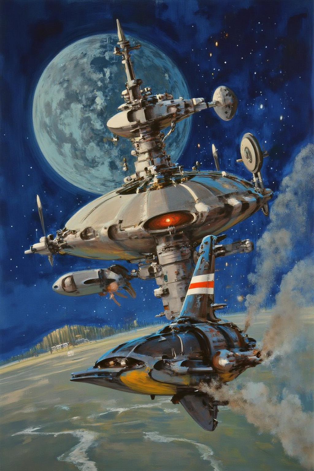 jober1 illustration.
A small, futuristic spaceship is seen approaching a mother ship. The mothership is depicted as a large, metallic structure with a complex, detailed design, including numerous antennae and protrusions. The small spaceship is painted in a mix of dark metallic and lighter, earthy tones, with a red and white striped tail section. It appears to be in motion, with dust or debris swirling around it, suggesting speed or an explosion. There is a large moon behind the mothership.
 <lora:jober1_cap_d6a3e12:1.0><lora:819126237306998648:0>