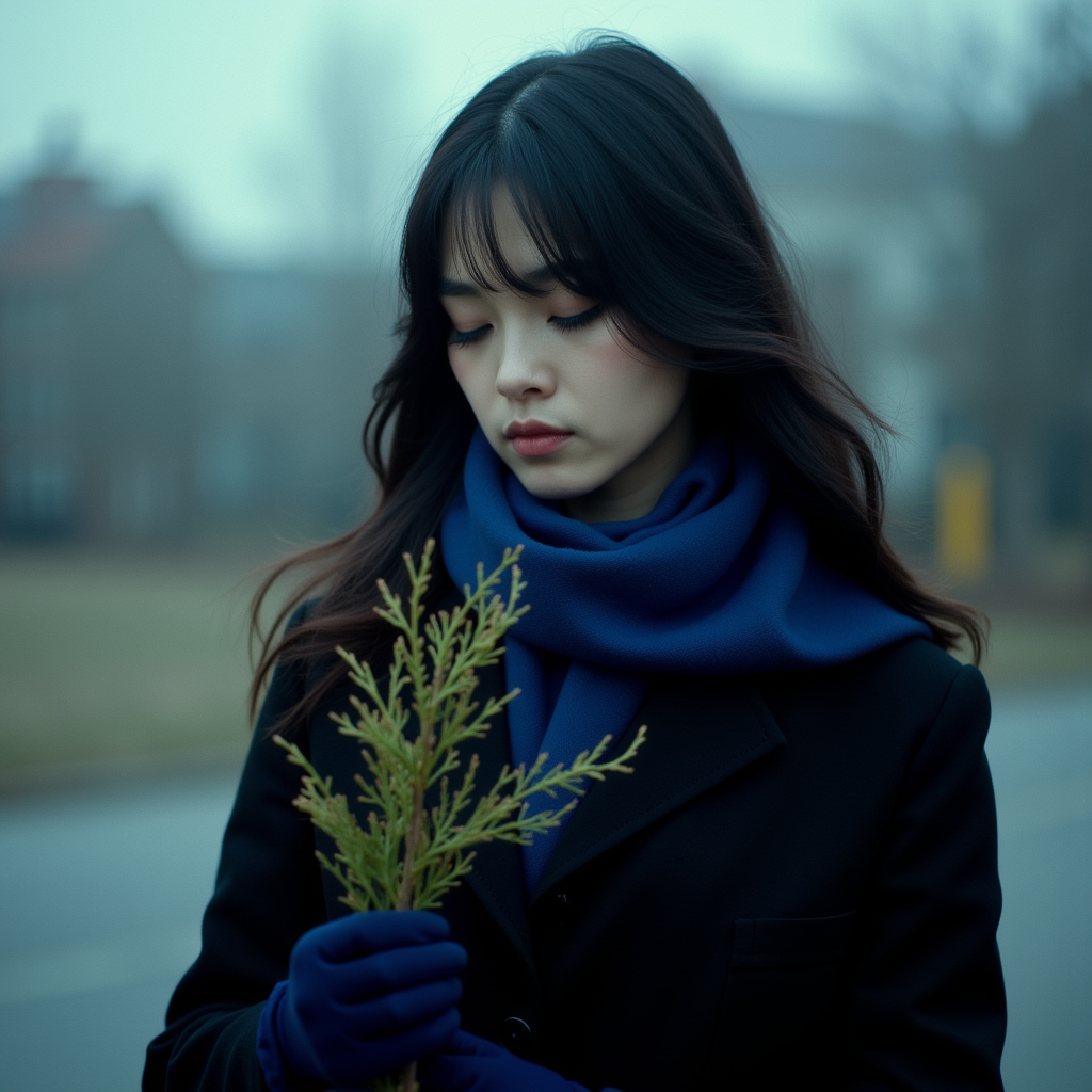 cinematic film still  <lora:Kodak Motion Picture Film style v1:1>
Film grain still image of a woman in a black coat and a blue scarf holding a plant,1girl,solo,long hair,black hair,gloves,closed eyes,outdoors,scarf,blurry,coat,realistic,mittens , cinematic look, film look, filmic, contrast, detailed, high quality, sharp image, film color, Kodak Motion Picture Film style, different color, different people, different look, different style, 35MM Film, 16MM Film, Photographic film, music video style, artistic style, cinematic style, film granularity, film noise, image noise, artistic effect, Fujicolor, Fuji film, Analog photography, movie style, movie still, Film grain overlay, Film Grain style . shallow depth of field, vignette, highly detailed, high budget, bokeh, cinemascope, moody, epic, gorgeous, film grain, grainy