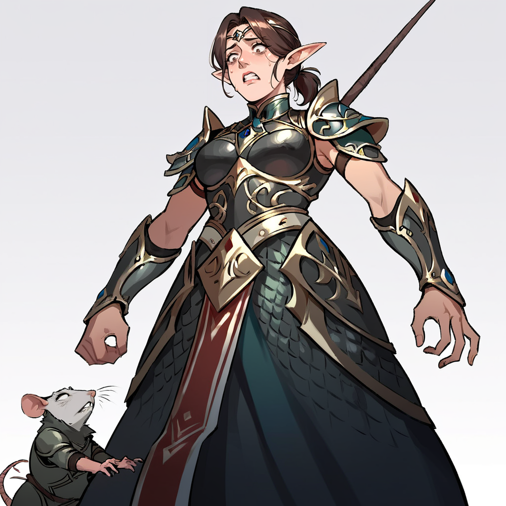 score_9, score_8_up, score_7_up, rating_safe, low angle shot,
brown hair, short ponytail, circlet, armor,
elf, mature woman, rat, looking at rat, scared, !,
<lora:HEPRINCESS:0.8>