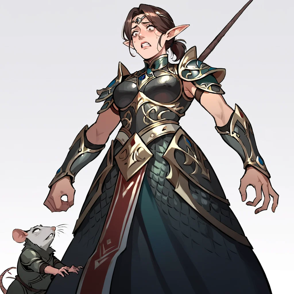 score_9, score_8_up, score_7_up, rating_safe, low angle shot,
brown hair, short ponytail, circlet, armor,
elf, mature woman, rat, looking at rat, scared, !,
<lora:HEPRINCESS:0.8>