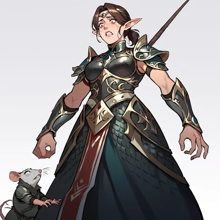 score_9, score_8_up, score_7_up, rating_safe, low angle shot,
brown hair, short ponytail, circlet, armor,
elf, mature woman, rat, looking at rat, scared, !,
<lora:HEPRINCESS:0.8>