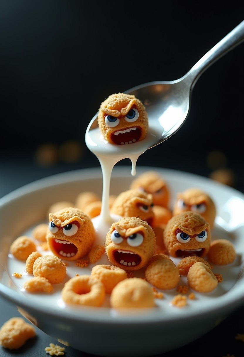 A photorealistic image of a bowl of cereal with tiny, comically fierce faces on each piece, as a spoon looms over them like a horror movie villain. The cereal pieces are "running" away in panic, spilling milk everywhere. Photography, humorous, hyper-realistic, dramatic lighting, shallow depth of field.