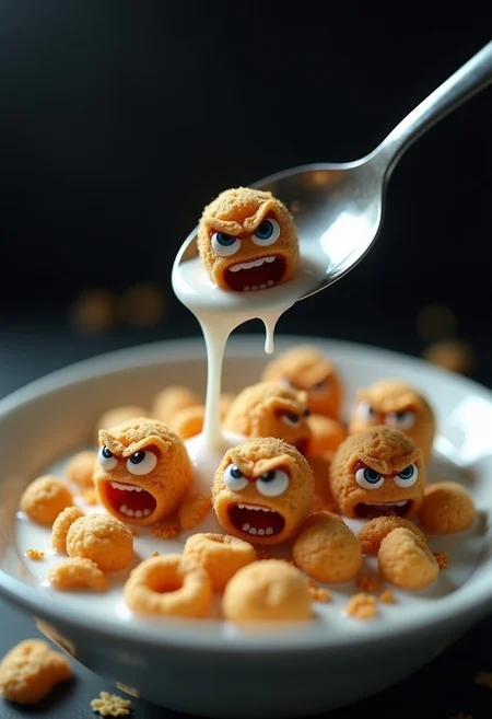 A photorealistic image of a bowl of cereal with tiny, comically fierce faces on each piece, as a spoon looms over them like a horror movie villain. The cereal pieces are "running" away in panic, spilling milk everywhere. Photography, humorous, hyper-realistic, dramatic lighting, shallow depth of field.