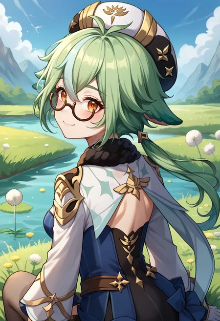 score_9, score_8_up, score_7_up, source_anime, 1girl, sucrosedef, orange eyes, green hair, multicolored hair, hair between eyes, long hair, ponytail, animal ears, glasses, semi-rimless eyewear, hat, beret, fur collar, vision (genshin impact), blue dress, gold trim, cape, long sleeves, white gloves, garter straps, black thighhighs, knee boots, white footwear, wariza, kneeling, closed mouth, smile, blush, looking at viewer, outdoors, grass, lake, wind, dandelion, dandelion seed, portrait, close-up, upper body, from behind, back, looking back, <lora:Sucrose_v1-000010:1>