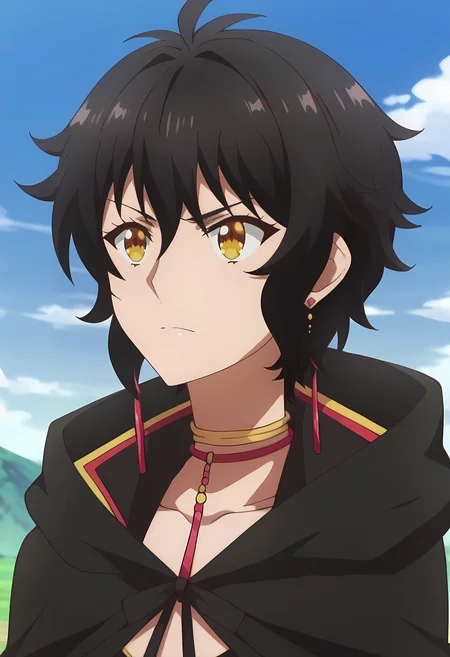 score_9, score_8_up, score_7_up,  source_anime,  outdoors, blue sky, clouds,  1girl, solo, <lora:Lemia:1.0>L3mia, yellow eyes, hair between eyes, black hair, short hair, earrings, cloak, black cloak, hood, hood down, choker, jewelry, face closeup,portrait,