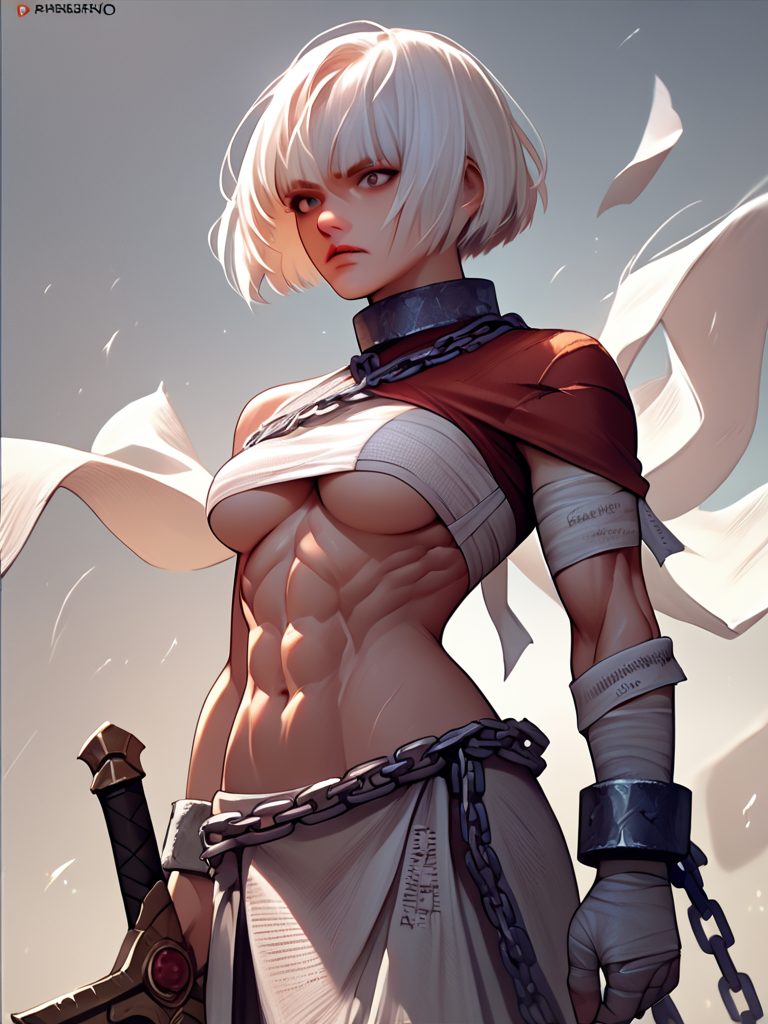 score_7_up, score_8_up, score_9, masterpiece, perfect face, high quality, source_anime, (1girl, solo,) <lora:Sister_of_Battle_Repentia_-_Warhammer_40k:1> repentia, white hair, bob cut, chain, bandages, underboob, muscular, sword