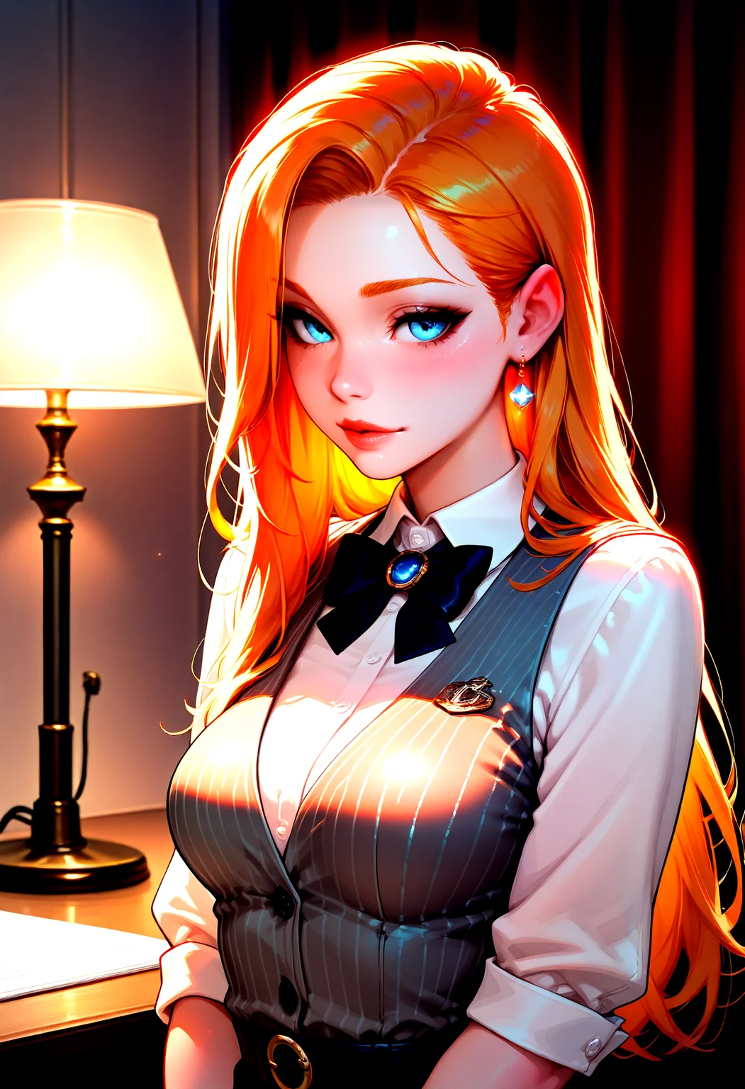 IllusP0s, 1girl, 20 year old, (medium breasts:1.2), (upper body, portrait, photoshoot):1.1, perfect face, detailed eyes, blue eyes, ginger hair, fair skin, (sexy gangster) young woman, slim build, wearing a gray pinstripe vest, bow tie, set in the year 1920, in a shadowy office, with thick curtains drawn, a desk lamp casting a warm glow, at night