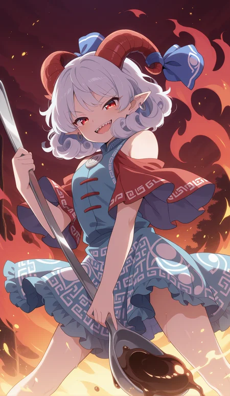absurdres, highres, masterpiece, best quality, amazing quality, official anime artwork, screencap, anime screencap, outdoors, looking at viewer, light smile,
<lora:Yuuma-Toutetsu_Illustrious:1> toutetsu yuuma, 1girl, solo, red eyes, white hair, short hair, curly hair, red horns, curled horns, sharp teeth,, horn ribbon, blue ribbon, blue dress, bare shoulders, red sleeves, meandros print,
holding spork, light particles, fire, oil, open mouth,