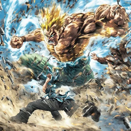 man fighting giant, guns, power attack, finishing move, action shot