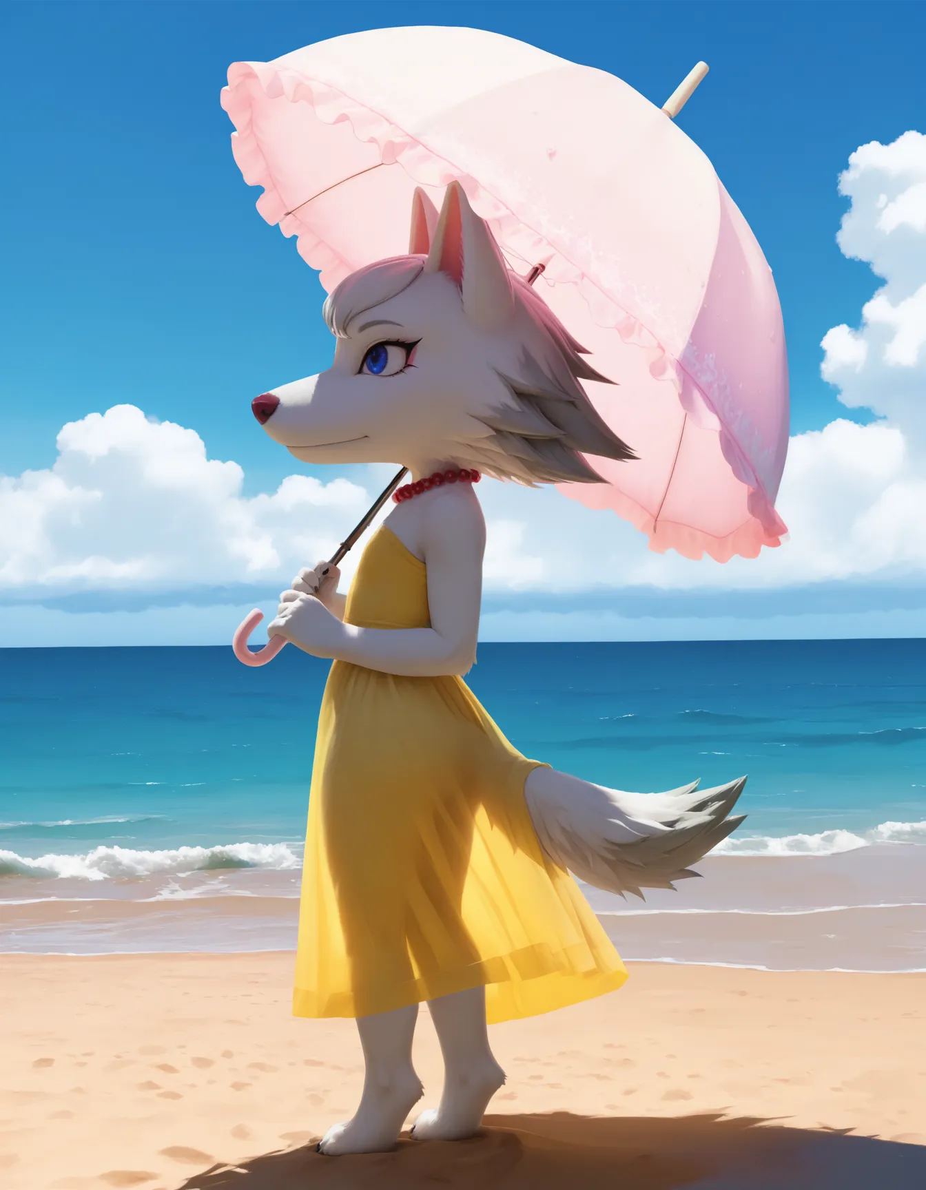 realistic, detailed, photo, detailed fur, realistic fur, detailed background, detailed, sharp lighting, beautiful lighting, detailed background, (masterwork, masterpiece, best quality, hyper-detailed, 8k uhd), newest, vivid color, saturated, anthro, furry, BREAK, whitneyc, wolf, white fur, blue eyes, maroon nose, flat chest, full body, umbrella, holding umbrella, facing side, from side, outdoors, beach, ocean, sand, bloom, blue sky, clouds, red pearl necklace, standing, mouth closed, 1girl, female, solo, yellow sundress, sundress, tail, happy, backlighting, subsurface scattering, translucent clothing,
<lora:Whitney_v2Noob3s96:1> <lora:noobai_ep11_stabilizer_v0.138_fp16:0.8>