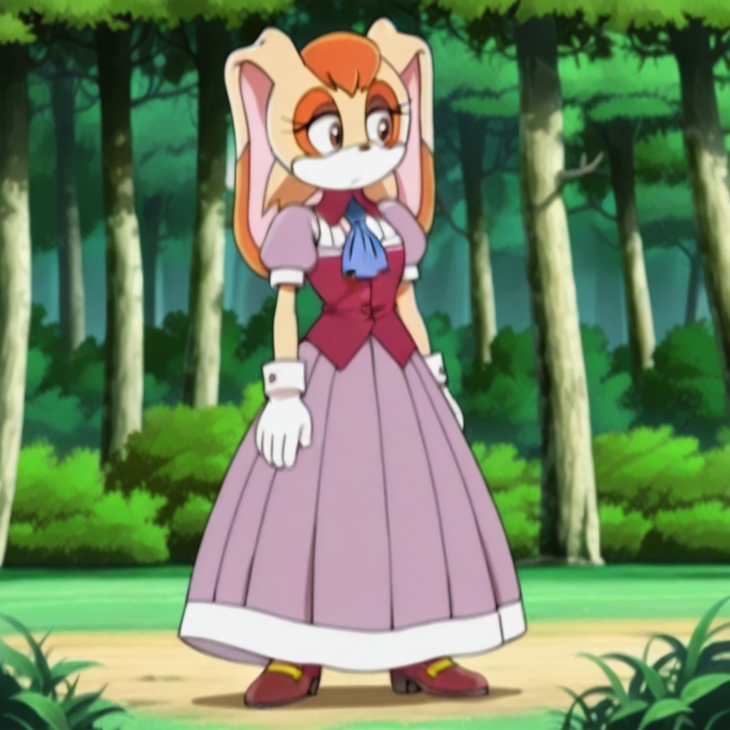 masterpiece, best quality, amazing quality, VanillaRbbtSXil, anthro, female, rabbit_girl, cream-colored fur, orange hair, short hair, brown eyes, lavender dress white trim, long skirt, puffy sleeves, burgundy vest, a blue ascot,  white gloves, burgundy low-heeled shoes, standing, in forest, , <lora:d8993eb9-1463-4738-b4e2-31de1943c2d0:1.0>