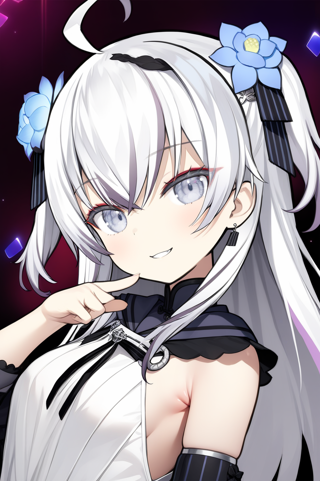 (masterpiece, best quality, very aesthetic, ultra detailed),(((masterpiece))),(((best quality))),<lora:AzumaSeren-000014:0.9>,azumaseren,ahoge,white hair,hair flower,dress,two side up,grey eyes,detached sleeves,2d,multicolored background,anime style,Enchanting heavyset,colorful,liquid background,portrait,armpit peek,hand up,armpits,evil smile,