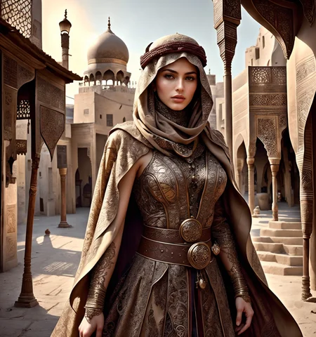RAW photo, (masterpiece:1.3), subsurface scattering, heavy shadow, (high quality:1.4), (intricate, high detail:1.2), professional photography, HDR, High Dynamic Range, realistic, ultra realistic, photorealistic, high resolution, film photography, ambient lighting, atmospheric effects, <lora:detail_slider_v4:2>, OverallDetail, a male! beduin warrior with veil, beard, wearing arabian armor, cloak, belt, ArAr, <lora:ArabianArmor-10:0.7>, in a street with arabian houses, arto, <lora:ArabianTown-10:0.8>, ((perfect hands)), epiCPhoto