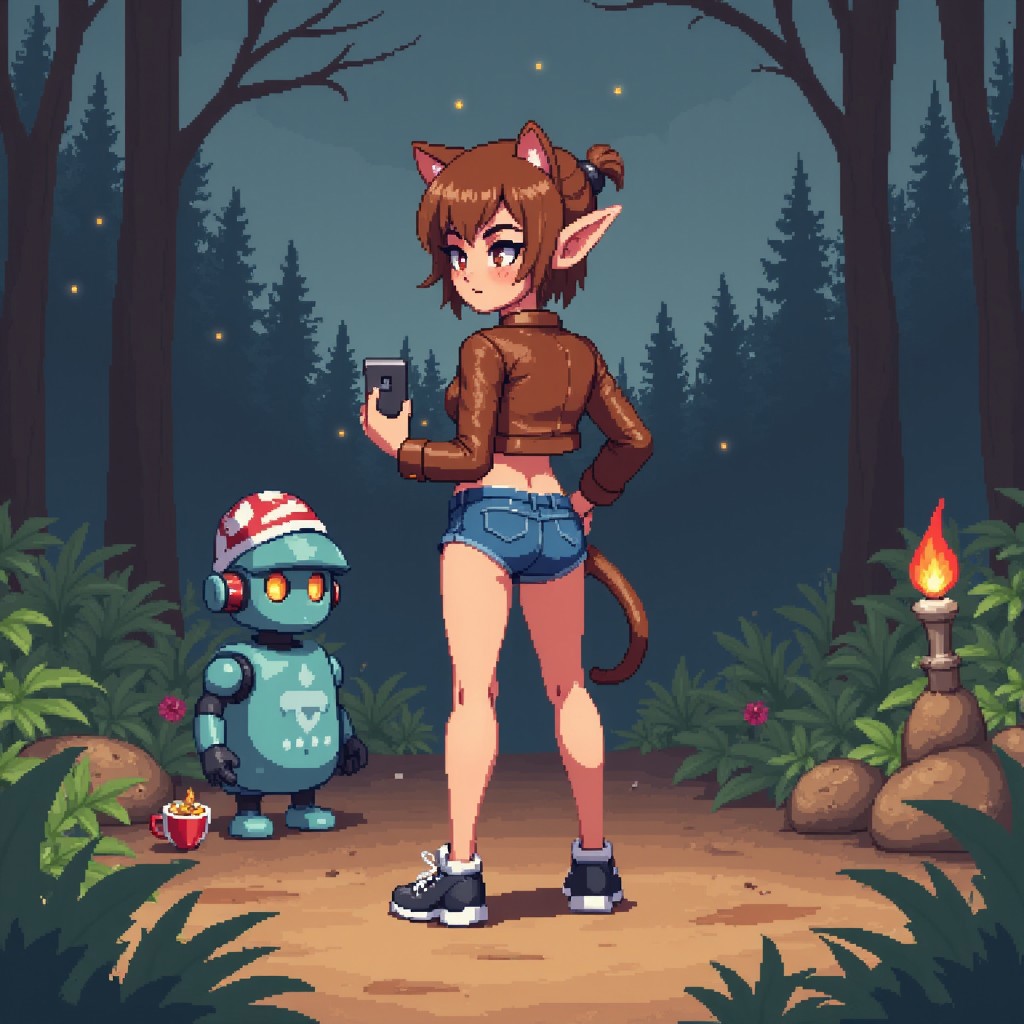 phone, leather, robot, bikini tan, food, mirror, forest, freckles, candle, moon, cup, cat tail, short shorts, yellow eyes, sky, sneakers, solo, plant, hat, night, pov, looking back, grey background, ass, day, elf