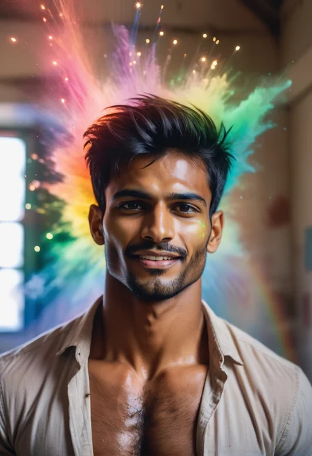 Candid photograph of a 23 year old very tall and (muscular:0.88) Indian (handsome:1.8) man wearing an unbuttoned shirt, His eyes are dark hazel, He has dark blonde short hair and a prominent wide nose and wide jaw, (very short beard:0.9), (body hair:1.7), (He is looking down at the viewer:0.75) with one of his eyebrows raised, (Highly detailed skin), He has faint oil smudges on his skin, (The photo is taken late afternoon) inside his prison cell, (A rainbow exploding with joy:1.28) <lora:a_rainbow_exploding_with_joy:1>, Brandon Woelfel Style <lora:Brandon Woelfel Style:1>