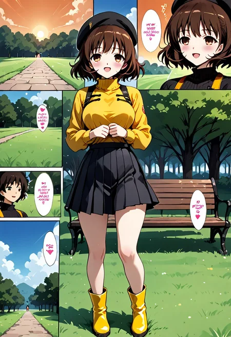 Expressiveh, Highly detailed image, bottom view, 1 girl, Yumi Omura, dark brown hair, brown eyes, pretty face, feminine, sexy, medium breasts, black skirt, pleated skirt, short skirt, orange blouse, long sleeves, turtleneck, French beret, black beret, yellow rubber boots, short boots,  park background, Sakura trees, orange sky, sunset, grass, stone path, benches, (1page),comic,Multi view, Frame, frame, heart, trembling, focus line, vibrating line, comic expression, Sound effect, 1girl, solo focus,  (full body:1.3), (cowboy shot),