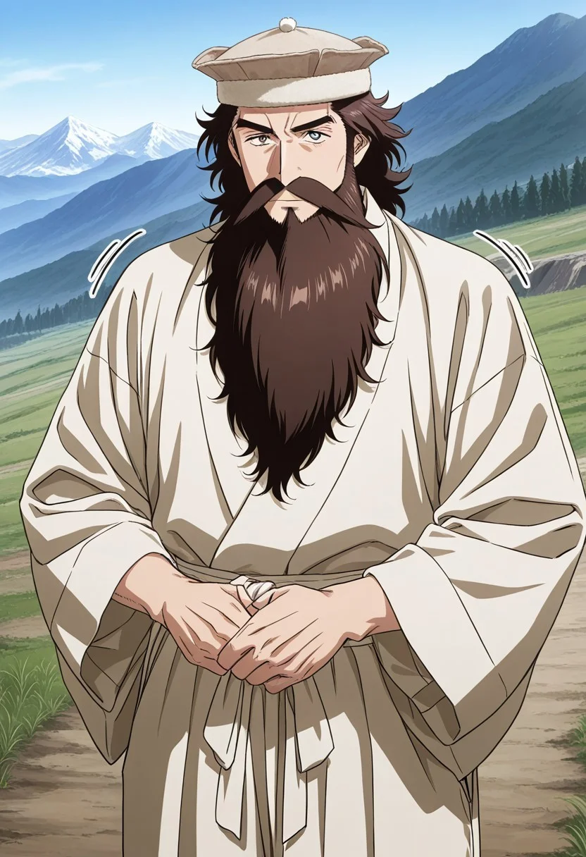 general,highres, ultra-detailed,very aesthetic,best quality ,best hands,masterpiece, best quality, newest, highres, score_9, score_8_up, score_7_up, source_anime, rating_explicit,1boy, yokota mamoru style,motion lines,,Very straight nose,slim,slender face,perfect nose
1 handsome young man, brown hair, short hair,long beard,
anime screencap,wearing Pakol Hat,
wearing loose trousers ensemble forms part of traditional costume, rugged mountains, semi-arid climate area, Afghanistan valley