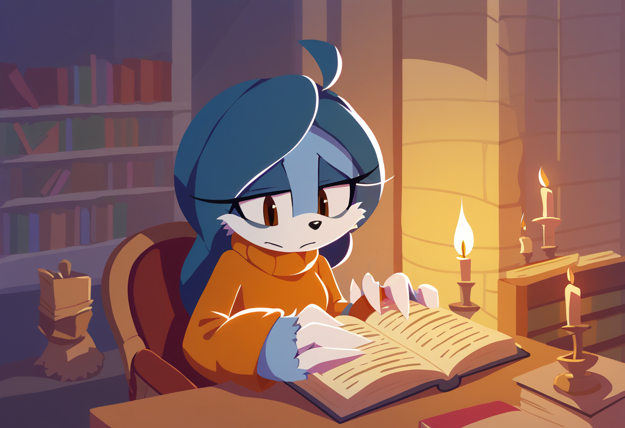 <lora:sonicchannelv22-15:0.9>, <lora:bumpsage2-10:1>, score_9, score_8_up, score_7_up, sonic channel (style), 1girl, solo, indoors, night sky,  dim lighting, candle, castle, full moon, sitting, desk, chair, exhausted, sage the sloth, blue hair, blue fur, long hair, ahoge, bags under eyes, hair over eyes, brown eyes, eyelashes, makeup, white claws, sharp fingernails, orange sweater, turtleneck, sleeves past wrists, reading, holding book, book stack, library, slim, petite, skinny,
