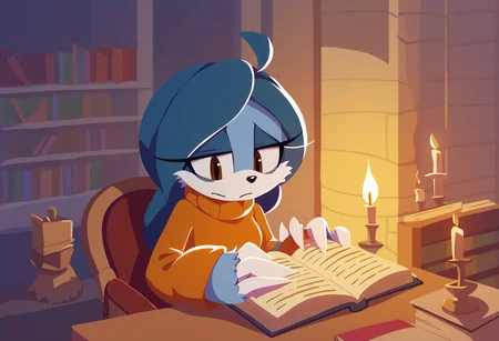 <lora:sonicchannelv22-15:0.9>, <lora:bumpsage2-10:1>, score_9, score_8_up, score_7_up, sonic channel (style), 1girl, solo, indoors, night sky, dim lighting, candle, castle, full moon, sitting, desk, chair, exhausted, sage the sloth, blue hair, blue fur, long hair, ahoge, bags under eyes, hair over eyes, brown eyes, eyelashes, makeup, white claws, sharp fingernails, orange sweater, turtleneck, sleeves past wrists, reading, holding book, book stack, library, slim, petite, skinny,