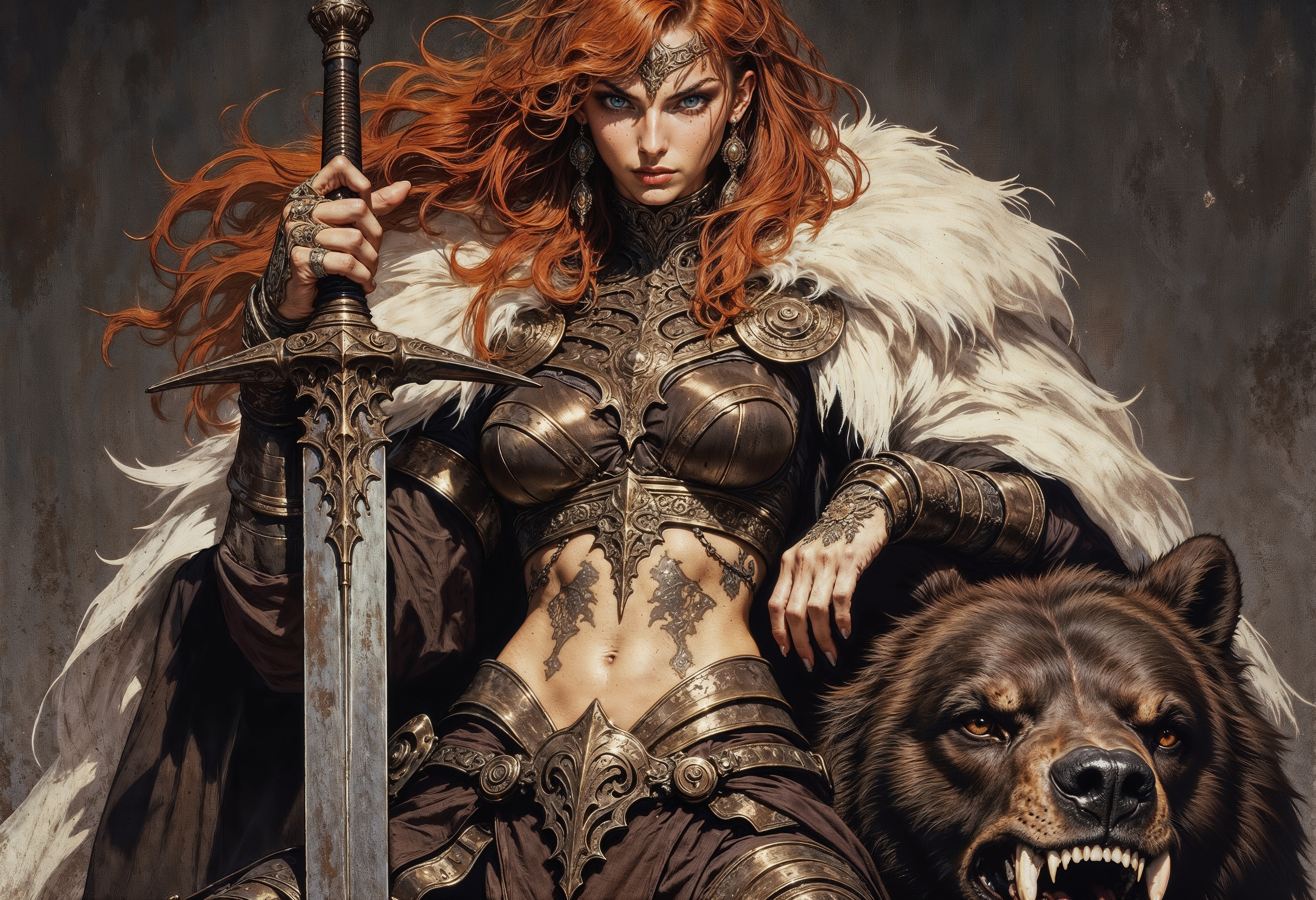 a fantasy warrior woman with long, flowing red hair and fair skin. She has striking facial features, including sharp eyes and a determined expression. Her attire consists of a fur cloak draped over her shoulders, revealing a muscular midriff adorned with tribal tattoos. She wears a leather top and a skirt embellished with metal ornaments and animal teeth. In her right hand, she holds a sword, while her left hand rests on the head of a bear, which appears to be part of her cloak. The background is a dark, muted gradient, emphasizing the character's fierce and commanding presence. The overall style is detailed and realistic, with a focus on texture and shading to enhance the dramatic and mythical theme. <lora:RetroAnimeFluxV1:0.8> <lora:Elden_Ring_-_Yoshitaka_Amano:0.75> <lora:FluxMythG0thicL1nes:0.4> <lora:ck-painterly-fantasy:0.2> <lora:flux.1_lora_ink-dynamic:0.2> <lora:Mezzotint_Artstyle_for_Flux_-_by_Ethanar:0.2>