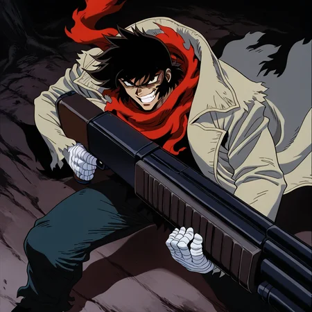 1boy,solo,<lora:IL_nagare_ryoma_Getter_Robo_Armageddon:1>,c_gett,nagare ryoma,spiked hair,
trench coat,torn clothes,shirt,bandages,red scarf,g-pant,foreshortening,dutch angle,glaring at,high angle,shotgun,holding,evil grin,teeth showing,shouting,, masterpiece,best quality,amazing quality,very aesthetic,absurdres,