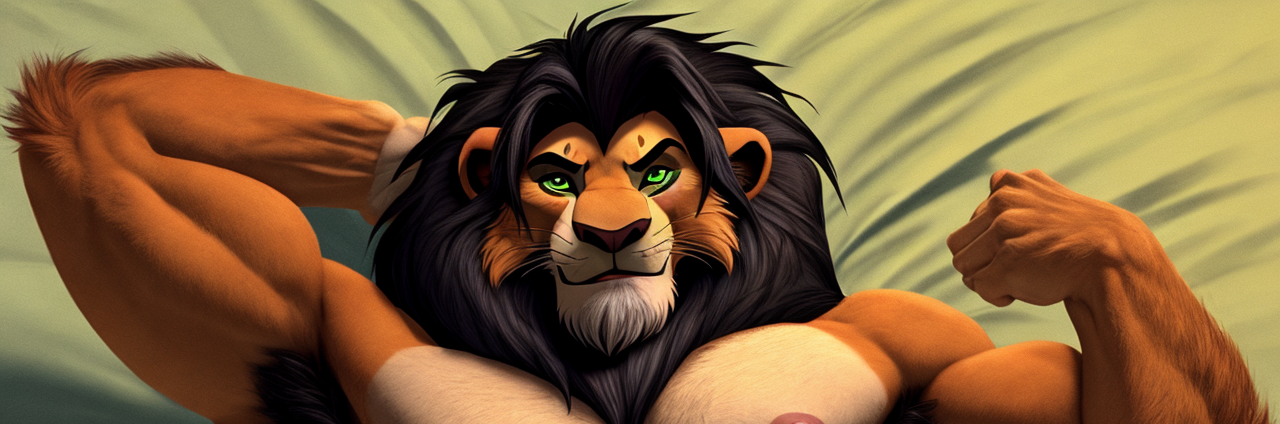 character scar, the lion king, solo, looking at viewer, smile, black hair, 1boy, navel, animal ears, nipples, green eyes, tail, full body, male focus, thighs, nude, lying, penis, on back, armpits, stomach, pubic hair, completely nude, uncensored, muscular, facial hair, on bed, thick thighs, erection, abs, testicles, pectorals, muscular male, male pubic hair, bara, beard, furry, large pectorals, arm behind head, dakimakura (medium)+, mature male, furry male, lion ears, seductive smile, navel hair, lion tail, come hither, lion boy
