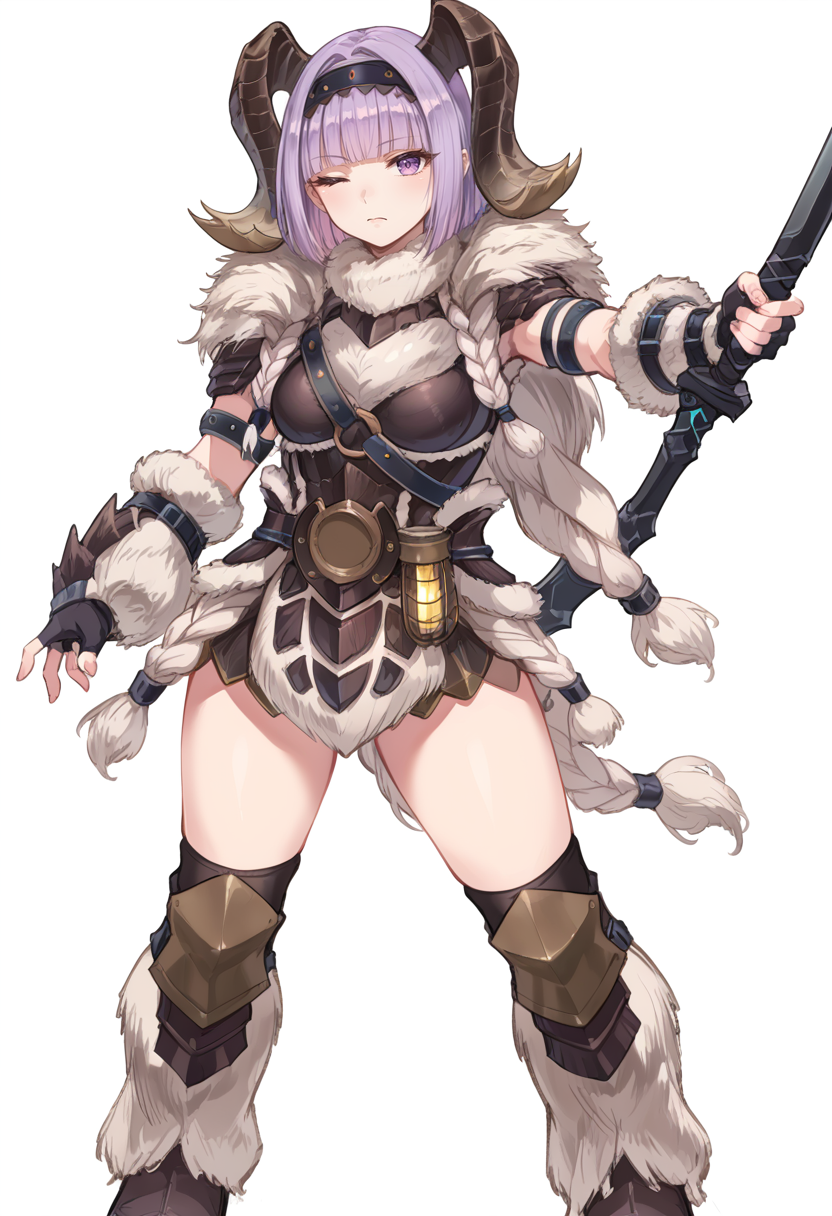(score_9:0.9),score_8_up,score_7_up,rating_safe,anime style,(zPDXL),<lora:Banbaro beta armor ponyXL v1.2:0.85>,banbaro beta armor, 1girl, solo, horn hairband, white fingerless gloves, closed mouth, sword, hatching, standing, blunt bangs, simple background, holding sword, white background, white knee boots