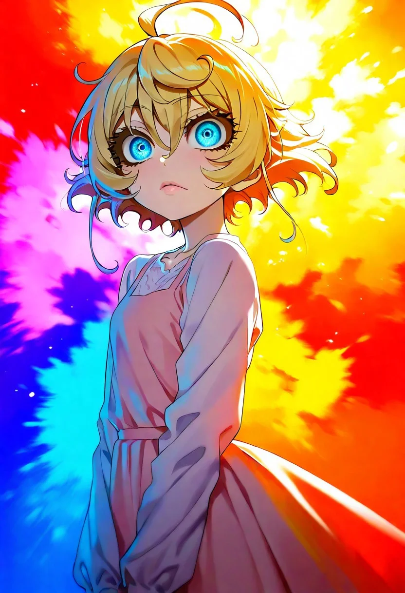 score_9, score_8_up, score_7_up, score_6_up, 1girl, TanyDegurechaff, lips, thin lips, narrow mouth, solo, looking at viewer, TanyDegurechaff, light dress, pastel colors, relaxed pose, blonde hair, cold blue eyes, piercing gaze, pale skin, doll-like face, delicate features, soft light, explosion of colors, masterpiece, best quality, colorful, bright, multicolored, bright colors of paint, masterpiece, best quality, amazing quality, very aesthetic, absurdres, lots of multicolored rainbow light, focus on the face, lots of soft light, soft colors