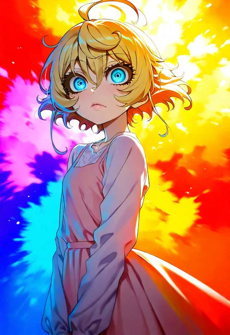score_9, score_8_up, score_7_up, score_6_up, 1girl, TanyDegurechaff, lips, thin lips, narrow mouth, solo, looking at viewer, TanyDegurechaff, light dress, pastel colors, relaxed pose, blonde hair, cold blue eyes, piercing gaze, pale skin, doll-like face, delicate features, soft light, explosion of colors, masterpiece, best quality, colorful, bright, multicolored, bright colors of paint, masterpiece, best quality, amazing quality, very aesthetic, absurdres, lots of multicolored rainbow light, focus on the face, lots of soft light, soft colors