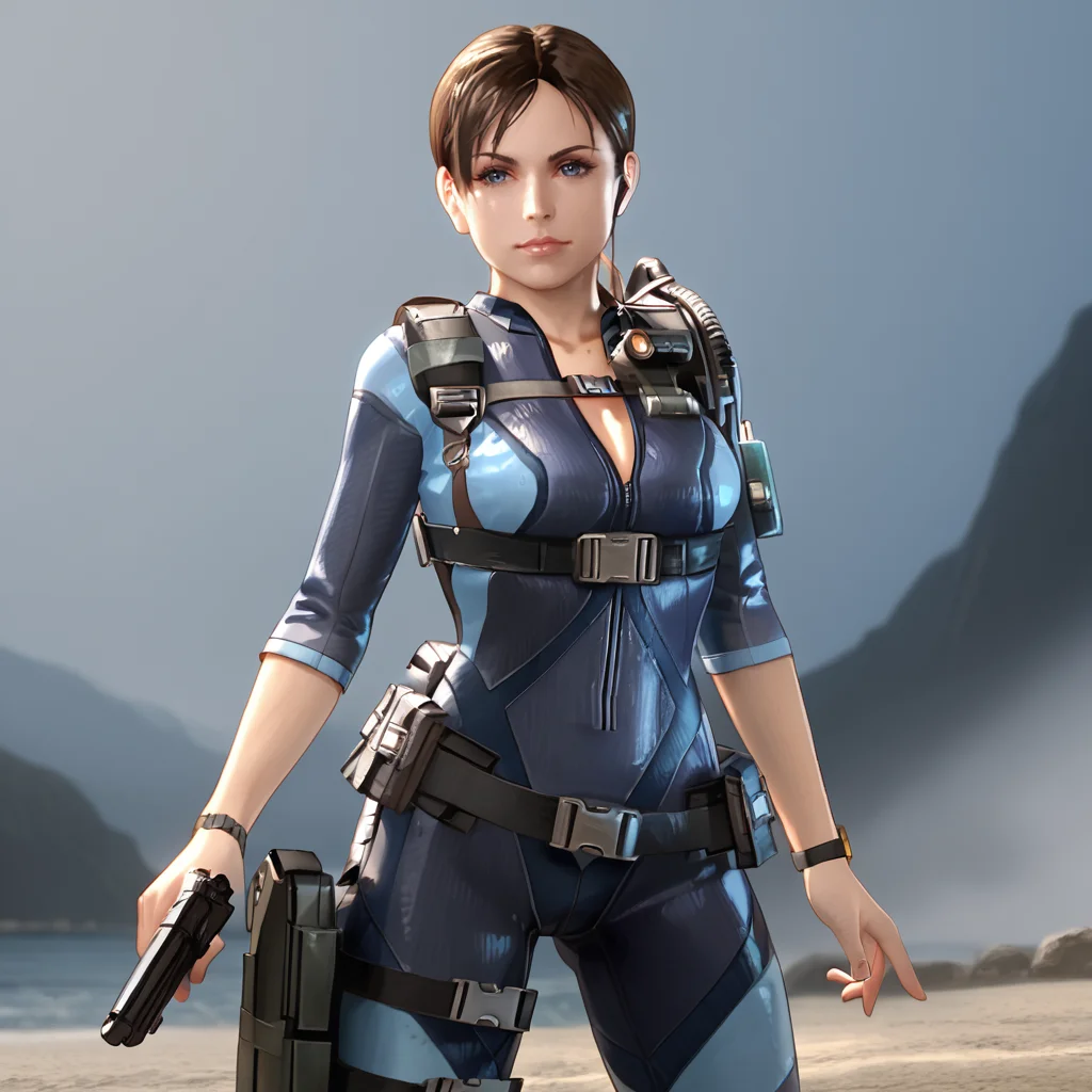 <lora:jillvalentinerevelations_pony_v1:1>  JillValentineResidentEvilRevelations, 1girl, blue eyes, jill valentine, bodysuit, brown hair, thigh holster, short hair, belt, breasts, cowboy shot