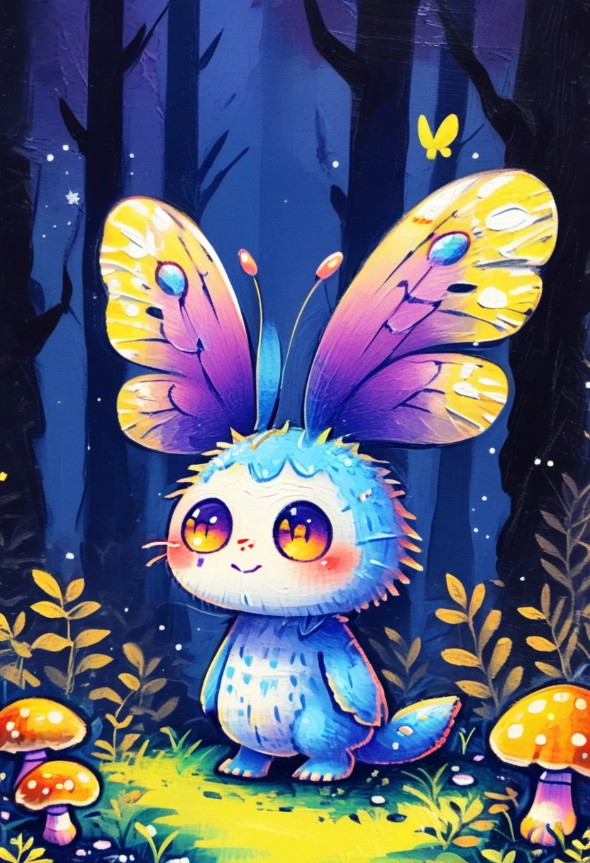 novuschroma style cartoon drawing of a adorable weird creature in a odd looking place, the creature has a long tail and butterfly ((wings)), mushrooms grow on the ground,, urban city forest background, confusing, night and day, pastel colors