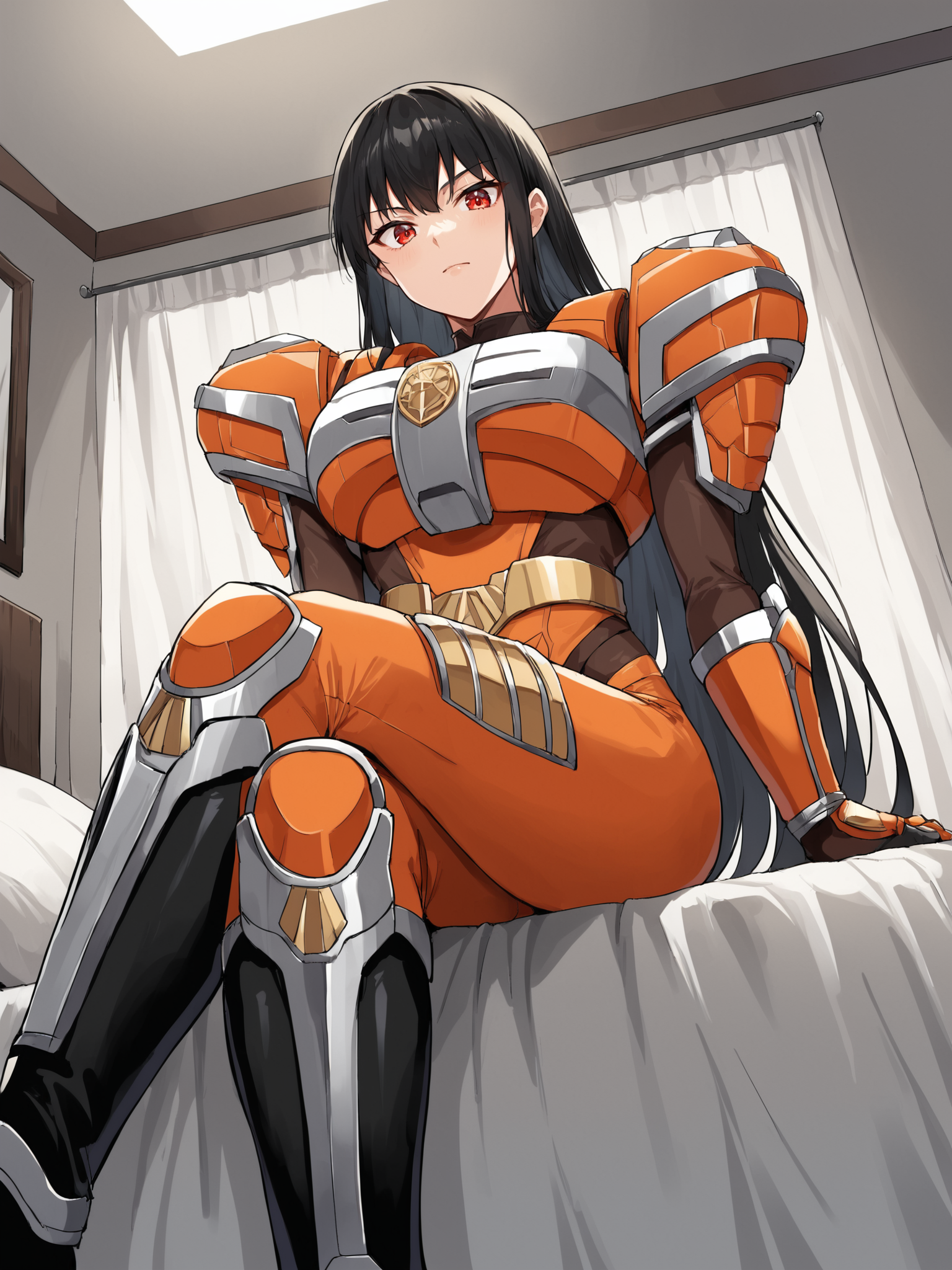 score_9, score_8_up, score_7_up, zPDXL, zPDXLpg, source_anime, <lora:offset_0.2:0.1>, <lora:spo_sdxl_10ep_4k-data_lora_webui:1>,
1girl, solo, black hair, red eyes, long bangs, very long hair,
sitting, crossed legs, looking at viewer, from below, facing viewer,
bodysuit, armored bodysuit, armor, pauldrons, breast plate, gauntlets, gloves, <lora:Sazer_Visuel:1>,
indoors, on bed,