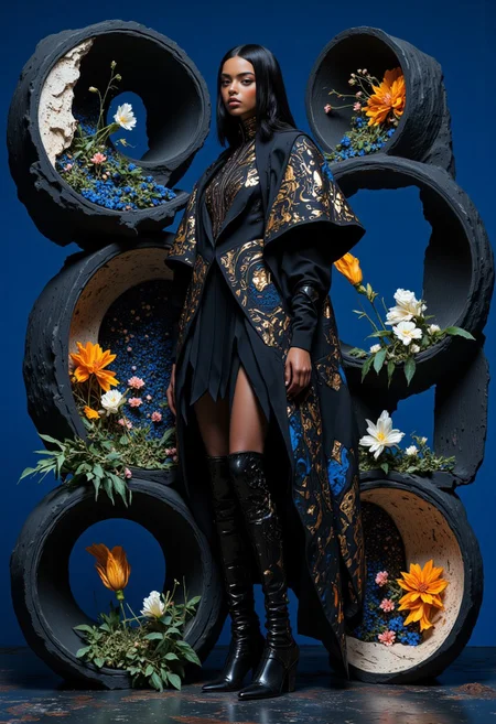 High-resolution editorial fashion photography, a surreal, fashion-forward composition featuring a woman as the centerpiece of a sculptural masterpiece. Her attire, an abstract fusion of geometric, minimalist shapes and fluid avant-garde silhouettes, evokes the essence of modern art and futuristic design. Her pose is poised and confident, standing against a stark midnight blue backdrop, where shadows and soft, diffused lighting sculpt her figure, creating a cinematic interplay of depth and dimension. The shapes around her mimic abstract modern sculptures, their edges sharp and refined, contrasting with the organic beauty within, delicate arrangements of vibrant flowers and lush greenery nestled in the hollow interiors of the sculptural forms. The combination of sharpness and life creates a juxtaposition of cold futurism and warm nature. The model’s sleek, jet-black hair, styled in sharp, angular layers, complements her piercing gaze, which holds secrets of a world beyond. Her expression is serene yet untamed, embodying the mystique of timeless beauty. The lighting emphasizes depth and elegance, imbuing the image with a futuristic, editorial aesthetic. The color palette balances deep blacks, stark whites, reflective silvers, and the organic hues of the natural elements within. Together, these elements evoke a harmonious tension, the cutting-edge meeting the eternal, capturing the essence of avant-garde fashion as living art. mythp0rt, DB4RZ, DB4RZ style painting,