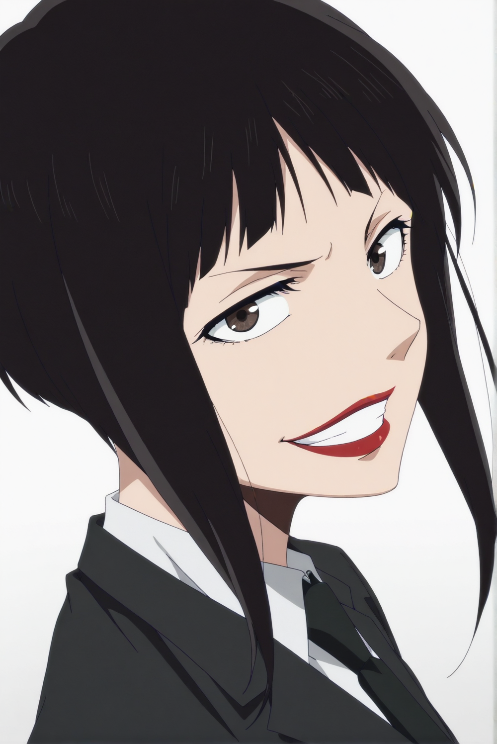 <lora:verone:0.8>, white background, Amamiya, solo, looking at viewer, smile, short hair, shirt, black hair, necktie, grin, makeup, formal, suit, lipstick, black necktie, anime coloring