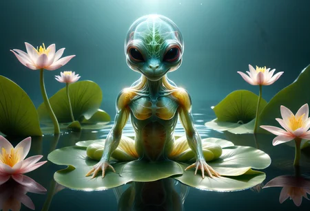 <lora:tranzp:1> tranzp style, a transparent creature with clear glass skin sitting on a lily pad in a lake <lora:cyberanatomy:0.5> cyberanatomy, blood vessels, intestines, colon, small intestine, guts, unidentifiable alien organs, nervous-system teeth, smiling, <lora:artfullyALIEN_SDXL_V1:0.8> artln