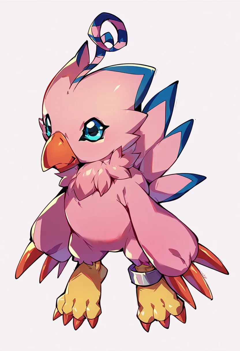 score_9, score_8_up, score_7_up, score_6_up, source_furry, solo, dof, full-length portrait, feral, white background, <lora:DIGIMON_BIYOMON:1> biymon, digimon (creature), ankle bracelet, beak