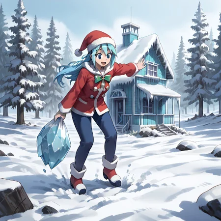 best quality, highres, high resolution, score_9, score_8_up, score_7_up, score_6_up, score_5_up, score_4_up, 1 female, aqua is wearing Santa outfit, her outfit is made of snow crystals, (Aqua_(Konosuba):1), fr0stwrld, snow, ice, <lora:Fr0stWrld-v10:1.2> , <lora:Aqua Pony:1> ,full body, front yard of a house in snow forest, snow background, standing , anime pose, trickster face