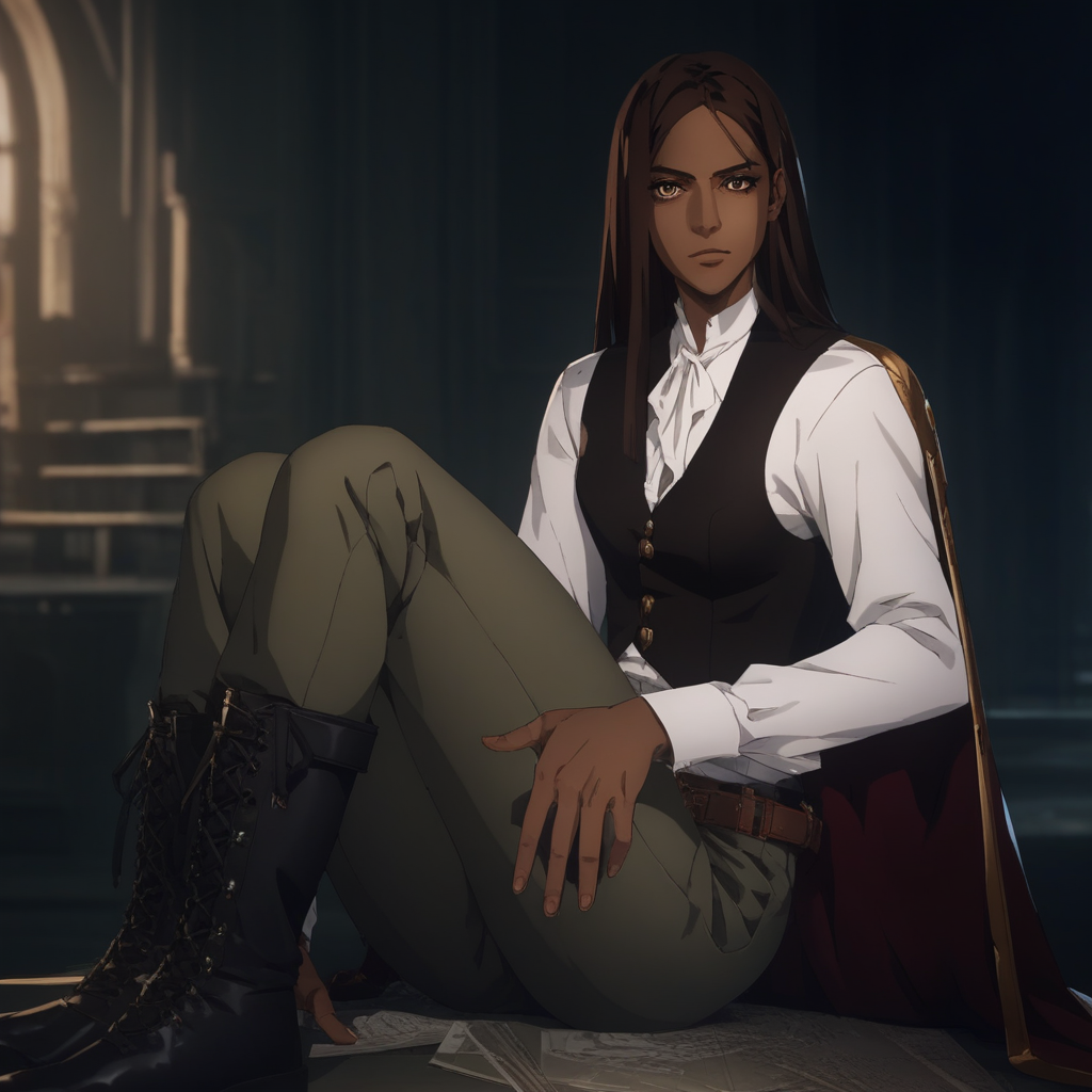 castlevania_(netflix), castlevania style, castl3van1a5tyl3, ((score_9)),score_8_up,score_7_up,score_6_up,score_5_up,score_4_up, 1woman, Artist Style: Urushihara Satoshi, masterpiece, highres, high quality, greta_of_danesti, BREAK, greta, long hair, brown hair, (brown eyes:1.5), dark skin, dark-skinned female, BREAK shirt, long sleeves, white shirt, boots, belt, pants, cape, black footwear, vest, knee boots, BREAK looking at viewer, BREAK indoors, BREAK (masterpiece:1.2), best quality, high resolution, unity 8k wallpaper, (illustration:0.8), (beautiful detailed eyes:1.6), extremely detailed face, perfect lighting, extremely detailed CG, (perfect hands, perfect anatomy)