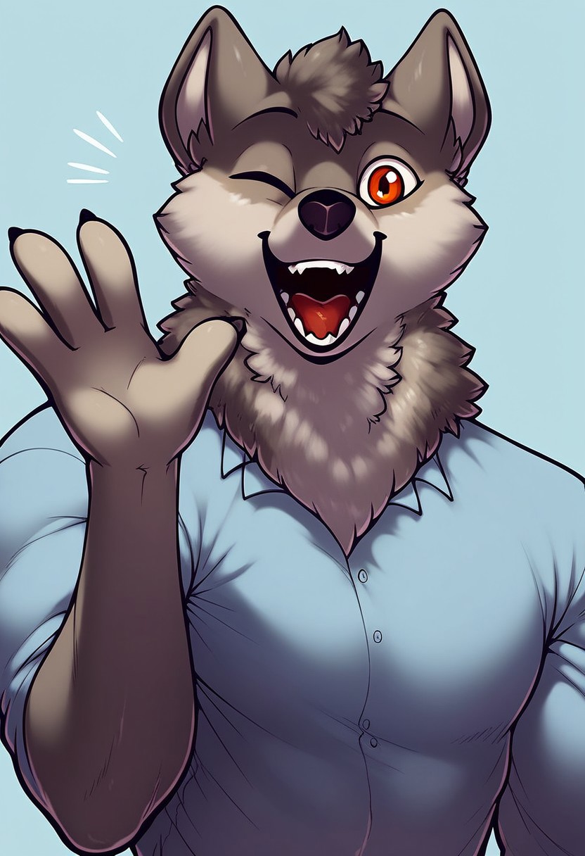 score_9, score_8_up, score_7_up, Expressiveh, masterpiece, best quality, highly detailed, realistic, (zPDXL3), 1boy, solo, (RichardJH, furry, anthro, canine, wolf, grey body, grey fur, black nose, red eyes, waving, 4 fingers), upper body, blue shirt, clothed, (blue background, simple background), open mouth, teeth, tongue looking at viewer, smile, one eye closed