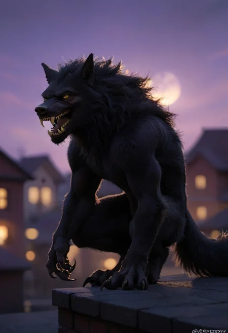 Score_9, score_8_up, score_7_up, score_6_up, SpecStyle, <lora:SpecPony:1.1>, wide shot, BREAK, from side, 1boy, Werewolf, (furry male, solo, black fur, animal ears, yellow eyes, sharp teeth, claws),
purple sky, yellow full moon, blurry background, building, blurry, parody, 1boy, solo, outdoors, night, full_body, male focus, prowling, rooftop,