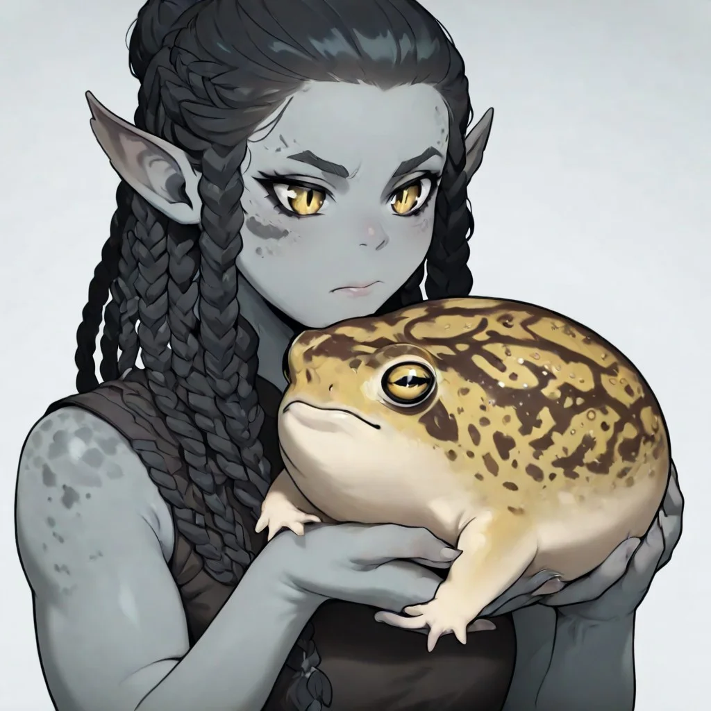masterpiece, best quality, newest, absurdres, highres, anime, anime style,
1girl, GIV1.0-IL, gith_(d&d), pointy ears, slit pupils, colored skin, grey colored skin, grey skin, black hair, braid, braided hair, multiple braids, taid hair, holding frog, holding, holding pet, frog, holding animal,