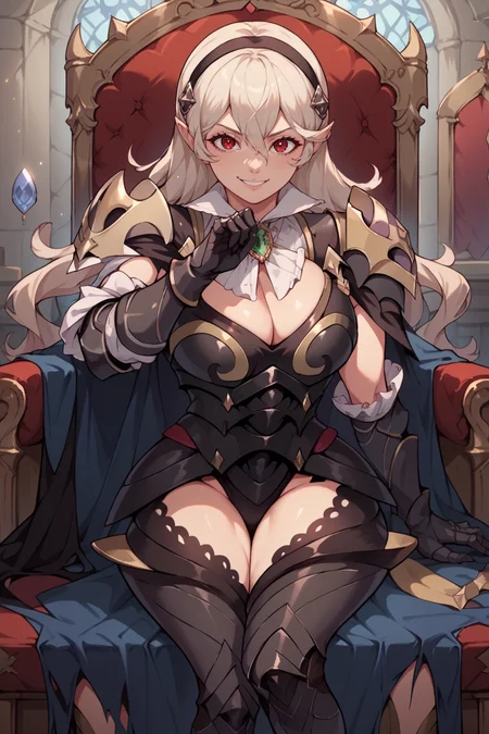 score_9, score_8_up, score_7_up, score_6_up, source_anime, BREAK 1girl, looking at you <lora:corrin-pdxl-nvwls-v1-000005:1> lgdCor, black hairband, cleavage, black armor, shoulder armor, gauntlets, black gloves, torn cape, black leotard, black legwear, big breasts, sittinig in a throne, medieval, indoors, red chair, furrowed brow, evil smile