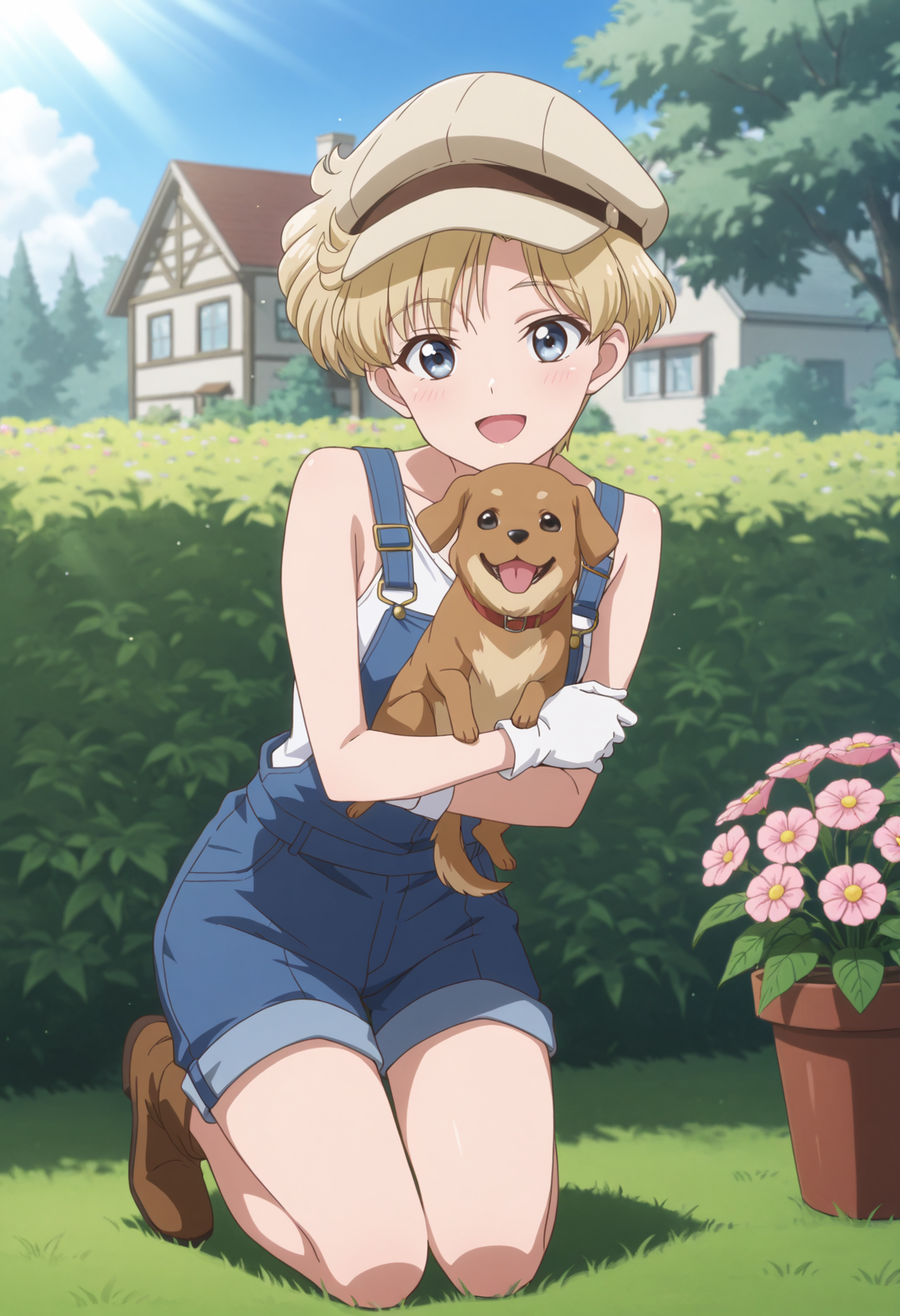 masterpiece, best quality, 1girl, solo, very short hair, blonde hair, small breasts, overalls, overall shorts, bare shoulders, outdoors, garden, sunlight, day, bush, animal hug, dog, heads together, cheek-to-cheek, brown dog, tenou haruka, blue eyes, white gloves, cabbie hat, grass, flower, pink flower, house, kneeling, blue sky, flower pot, rainbow, smile, open mouth