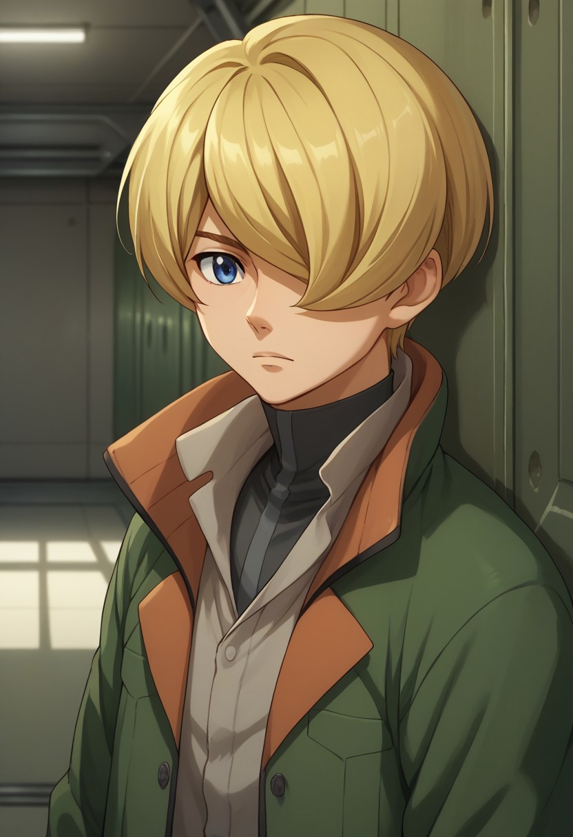 score_9, score_8_up, score_7_up, source_anime, highly detailed, 
yamagi, 1boy, solo, blonde hair, male focus, blue eyes, hair over one eye, gloves, upper body, pants, green jacket,
indoor, hangar,