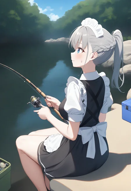 1girl,sincos, ningen mame, toosaka asagi,solo,medium breasts,20yo,maid,maid headdress,
fishing, fishing rod, sky, sitting, day, outdoors, holding fishing rod, cooler, ocean, fishing line,<lora:fishing_XL_v1:0.8>
from behind, wide shot, looking up, silver hair, gray eyes,doyagao, closed mouth, braid ponytail hair,,
best quality, very aesthetic, absurdres