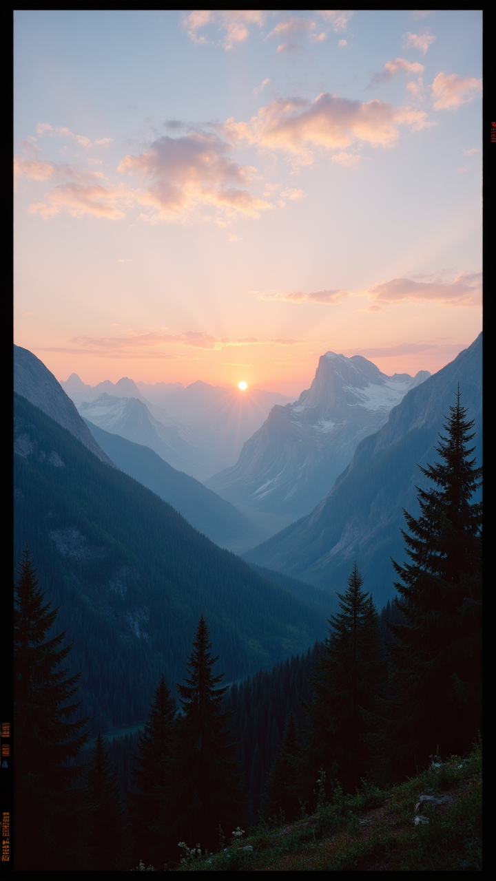 photograph, A serene scene of a mountain range, with towering mountains in the distance. The sun is setting, casting a warm orange glow on the landscape. In the foreground, studio lighting, Lomography Color 100, 80mm, three colors, aidmamjv7