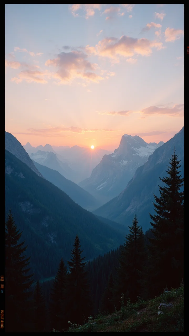 photograph, A serene scene of a mountain range, with towering mountains in the distance. The sun is setting, casting a warm orange glow on the landscape. In the foreground, studio lighting, Lomography Color 100, 80mm, three colors, aidmamjv7