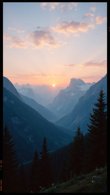 photograph, A serene scene of a mountain range, with towering mountains in the distance. The sun is setting, casting a warm orange glow on the landscape. In the foreground, studio lighting, Lomography Color 100, 80mm, three colors, aidmamjv7