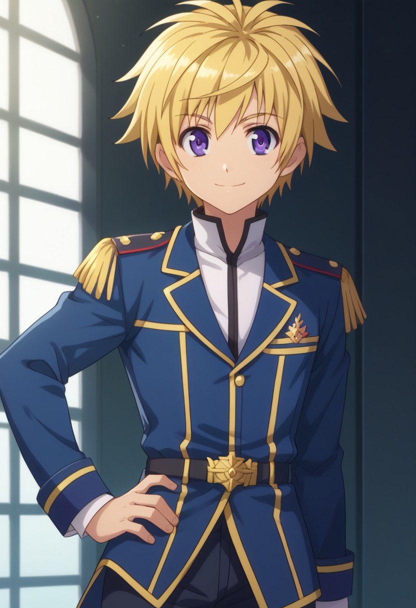 score_9, score_8_up, score_7_up, source_anime, highly detailed, 
izumicinque, solo, male focus, 1boy, blonde hair, smile, hand on hip, uniform, purple eyes, epaulettes, upper body, pants,
indoor,